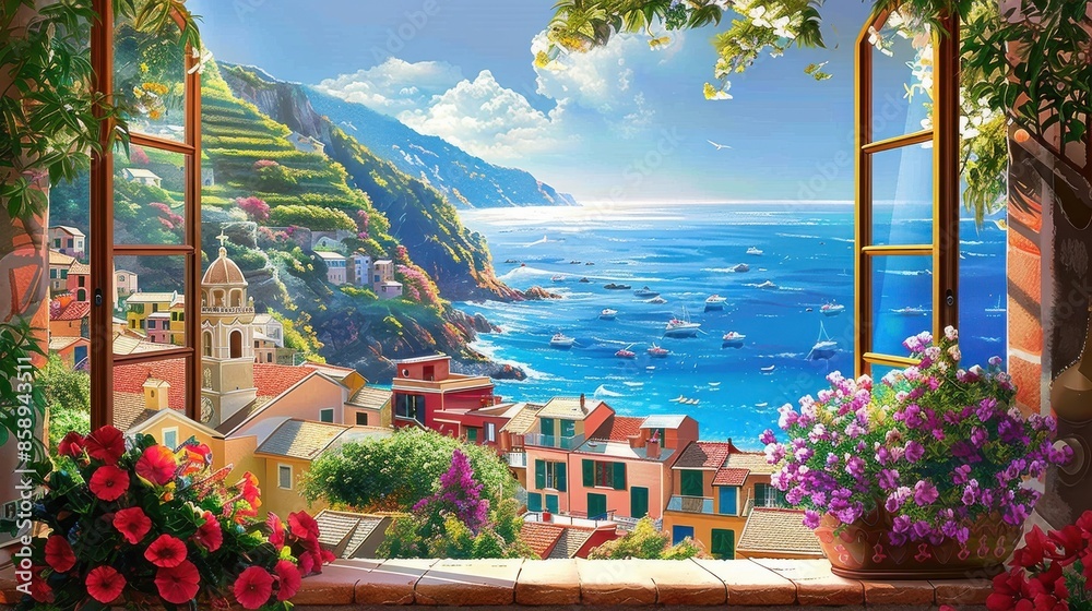 Poster a beautiful view of a small town with a blue ocean in the background. the town is filled with colorf