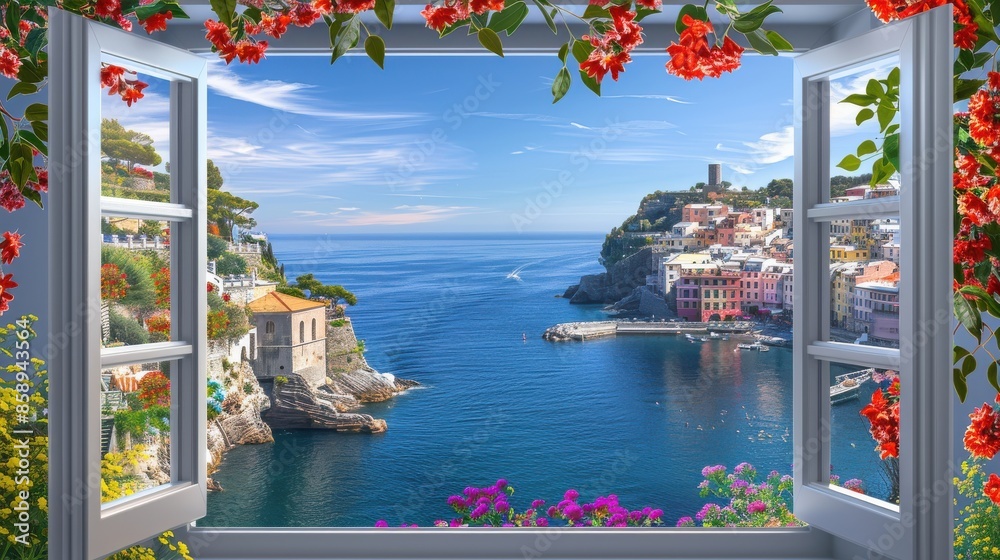 Poster A window view of a small town with a blue ocean in the background. The window is decorated with red flowers