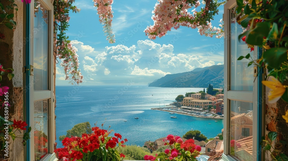 Aufkleber A view of the ocean from a window with a balcony. The view is of a small town with a few boats in the water. The flowers in the window add a touch of color and life to the scene