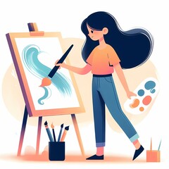 Fototapeta premium Artist painting on canvas using a paintbrush modern vector illustration
