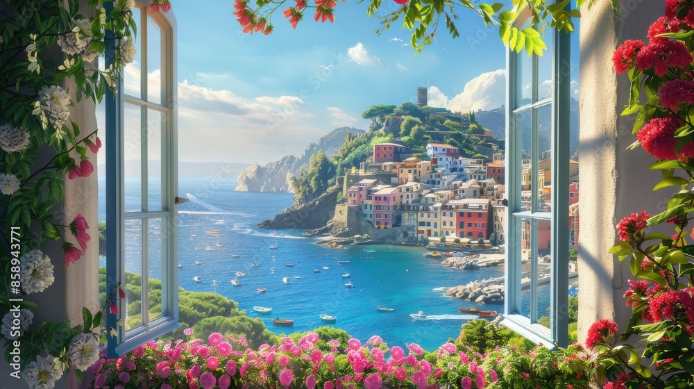 Poster a window view of a city with a blue ocean in the background. the city is full of boats and the flowe