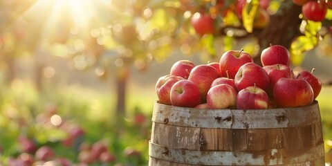 Sunlit Orchard Barrel Shiny Red Apples