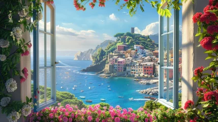 Plexiglas schilderij Liguria A window view of a city with a blue ocean in the background. The city is full of boats and the flowers are pink  © vadosloginov