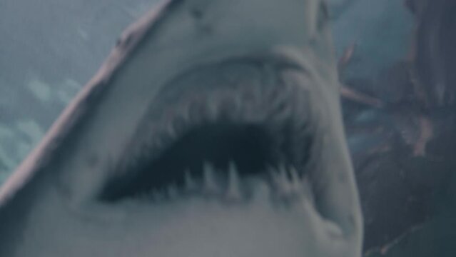 Sharks with sharp teeth swim underwater.