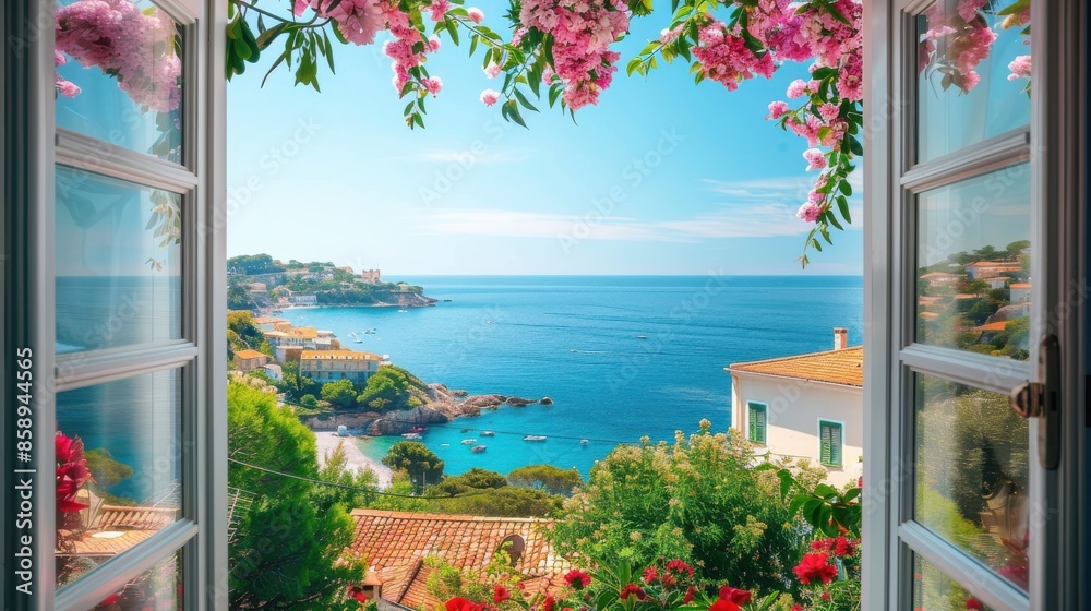 Poster a view of the ocean from a window with pink flowers in the background. the scene is peaceful and ser
