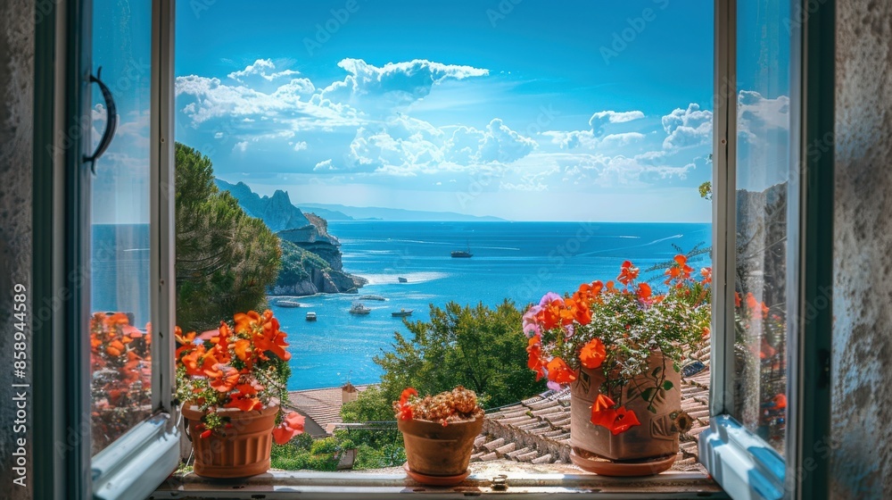 Poster a window view of a beautiful ocean with a boat in the water. the view is framed by a potted plant an