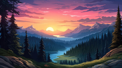 Obraz premium Landscape forest mountains nature adventure travel background - Illustration of valley view of forest fir trees, mountains and sunset, Generative AI