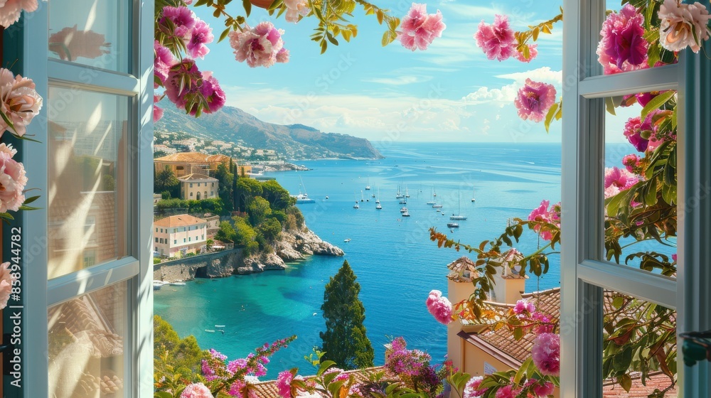 Poster a view of a beautiful blue ocean with a small town in the background. the view is framed by a window