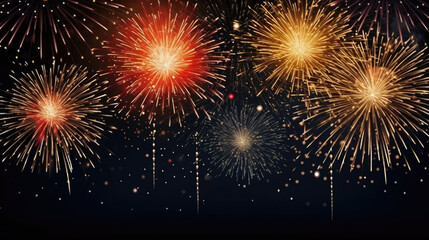 Fototapeta premium Frohes neues Jahr 2024 Silvester Neujahr Feiertag Banner Gru脽karte Illustration - Goldenes Feuerwerk, Glitzerstreifenund deutscher Text, isoliert auf schwarzem Hintergrund, Generative AI