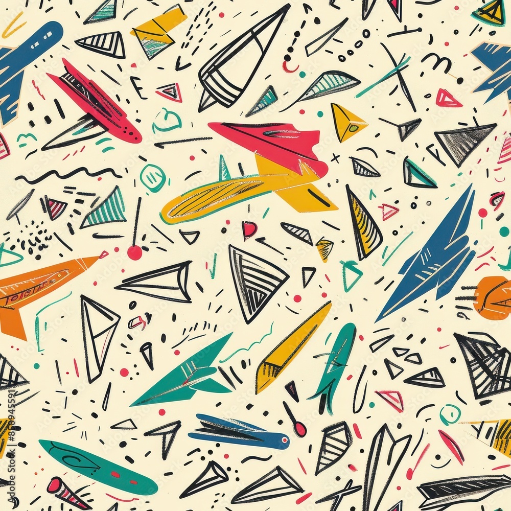 Poster A colorful drawing of airplanes and other shapes. The drawing is full of different shapes and colors, and it gives off a playful and whimsical vibe. The idea behind the drawing is to create a fun