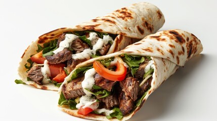 Delicious doner kebab wrap with ranch dressing, neatly presented on a plain white background, front-view, vibrant editing for appetizing appeal