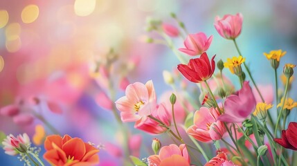 Beautiful colorful flowers blooming on pastel blurred background.