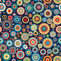 A seamless pattern of concentric circles in a variety of colors, including red, yellow, green, blue, and orange. The circles are arranged in a random pattern against a dark blue background.