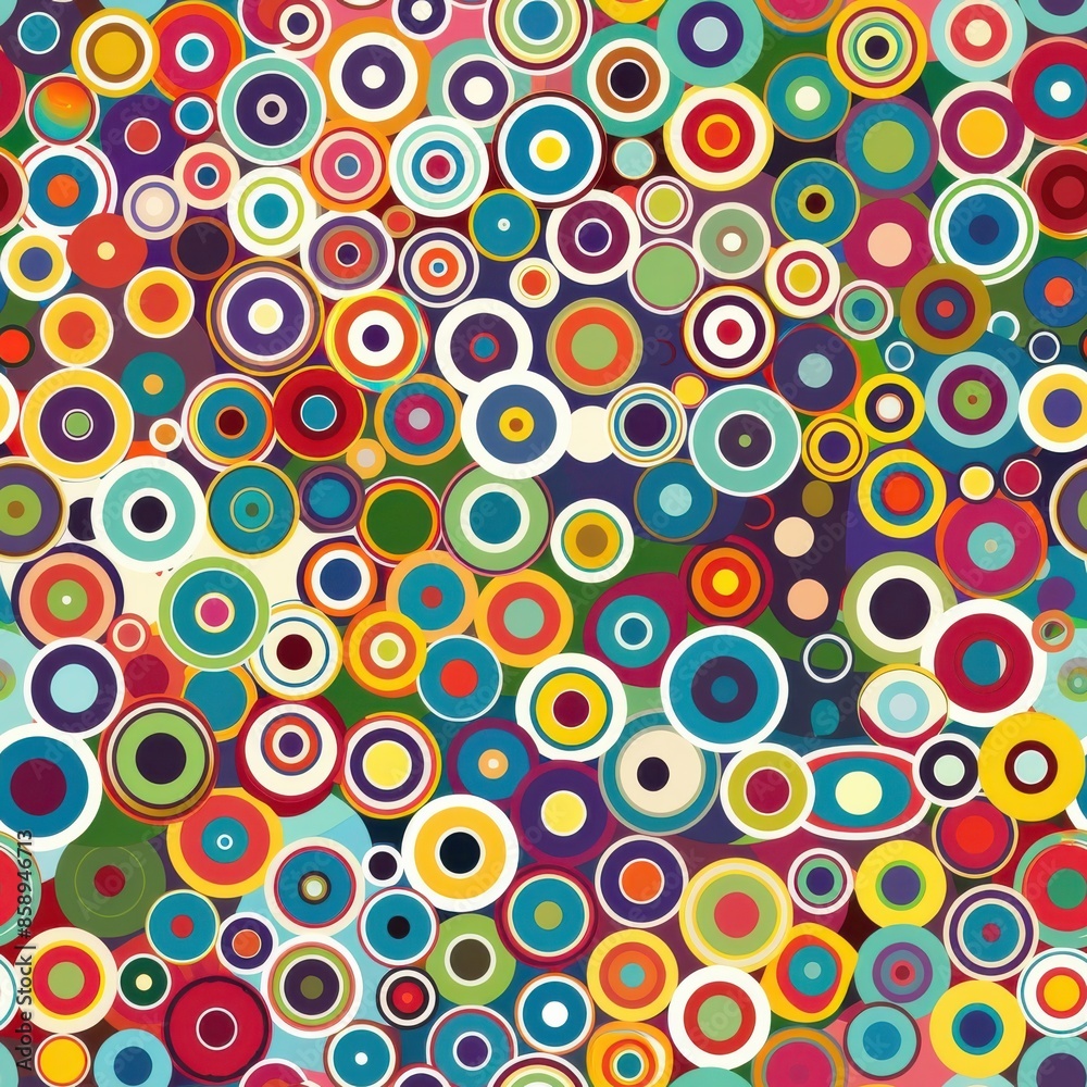Poster This image is a digital illustration featuring a repeating pattern of overlapping circles in various colors and sizes. The circles are brightly colored and create a dynamic, eye-catching design. The p