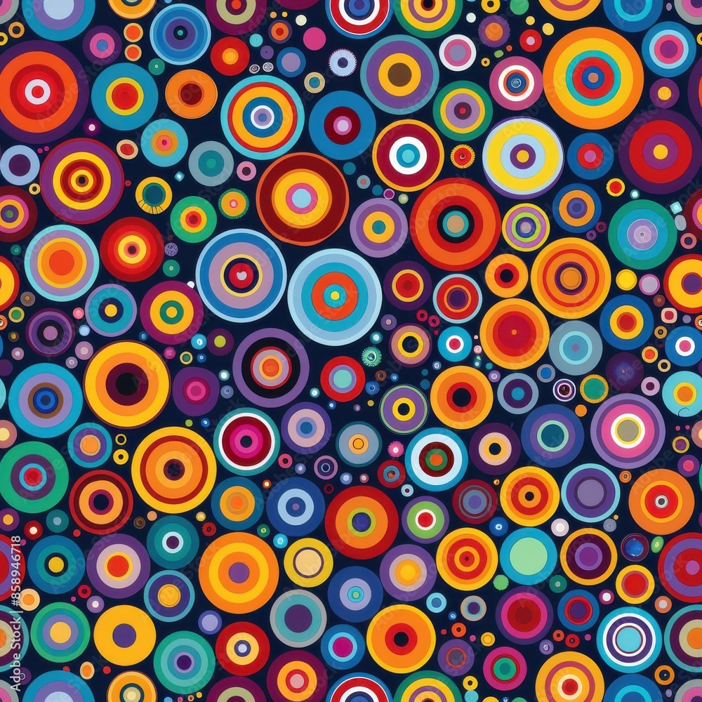 Poster A seamless pattern featuring a variety of colorful concentric circles in different sizes. The circles are arranged randomly on a dark blue background, creating a visually stimulating and abstract desi