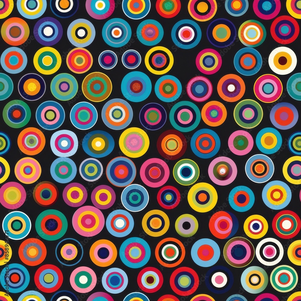 Poster This is an abstract pattern featuring numerous colorful concentric circles of different sizes on a black background. The circles overlap and create a visually appealing and dynamic composition.