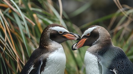 Naklejka premium Yellow-eyed Penguin (Megadyptes antipodes) pair touching and kissing tenderly, Otago Peninsula, New Zealand. 