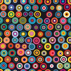 Fototapeta premium This is an abstract pattern featuring numerous colorful concentric circles of different sizes on a black background. The circles overlap and create a visually appealing and dynamic composition.