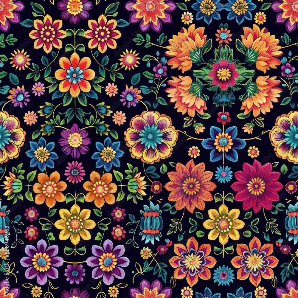 Poster This image features a vibrant and intricate floral pattern with a dark background. The design includes various colorful flowers, leaves, and stems, creating a beautiful and eye-catching visual. The co