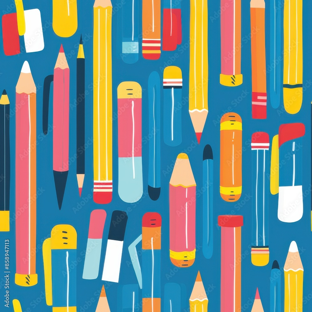 Poster a colorful drawing of pencils and pens. the pencils are in various colors and sizes, and the pens ar