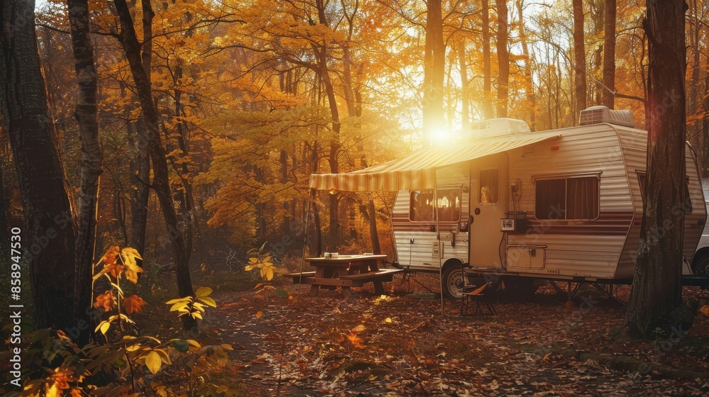Poster A small white camper is parked in a forest. The sun is shining on the camper, making it look warm and inviting. The surrounding trees are covered in leaves, creating a peaceful and serene atmosphere
