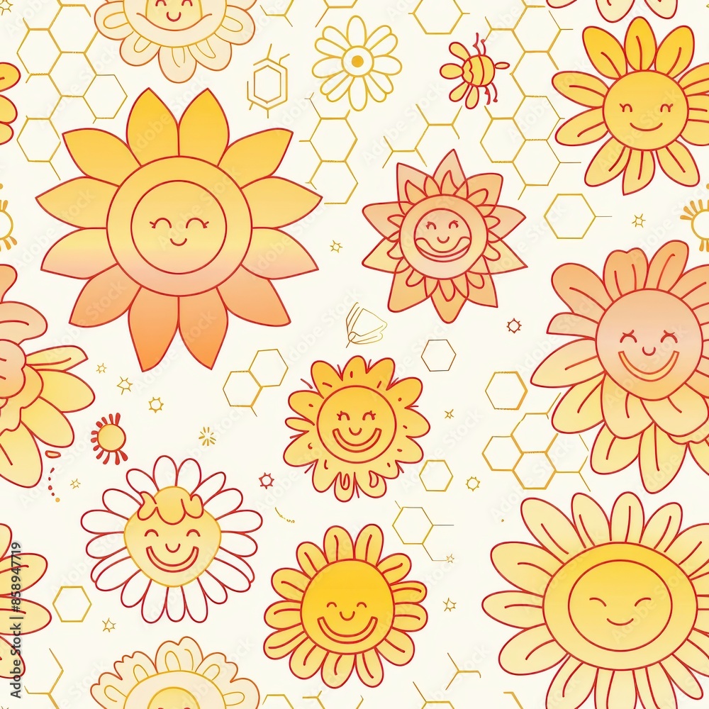Poster a yellow and white flower pattern with smiling suns and bees