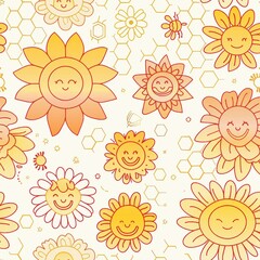 A yellow and white flower pattern with smiling suns and bees
