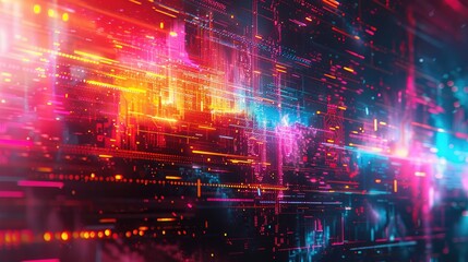 Fototapeta premium Abstract futuristic city with vibrant neon lights and glowing lines. Cyberpunk style digital art.