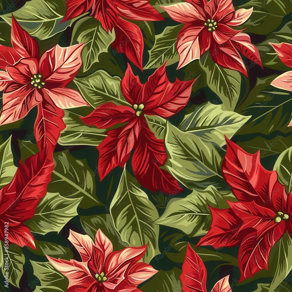 Aufkleber A colorful flower pattern with red and green leaves. The flowers are red and green and are arranged in a way that creates a sense of depth and dimension. Scene is cheerful and festive