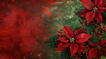 A red background with green leaves and red flowers