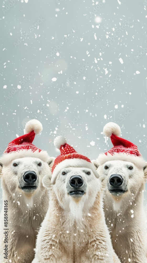 Poster three polar bears wearing red hats and santa hats are standing in the snow. the image has a festive 