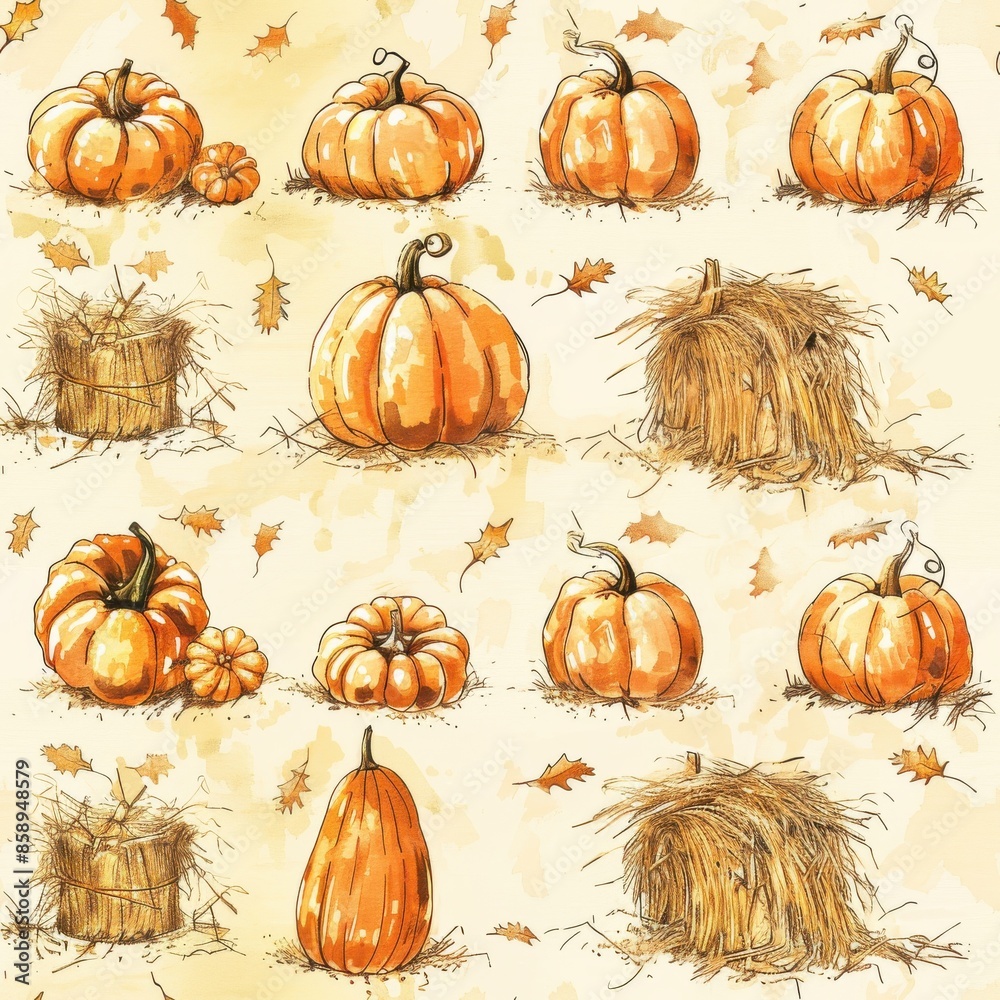 Poster A drawing of pumpkins and hay. The pumpkins are of various sizes and are scattered throughout the image. The hay is piled up in the background, creating a rustic and autumnal atmosphere