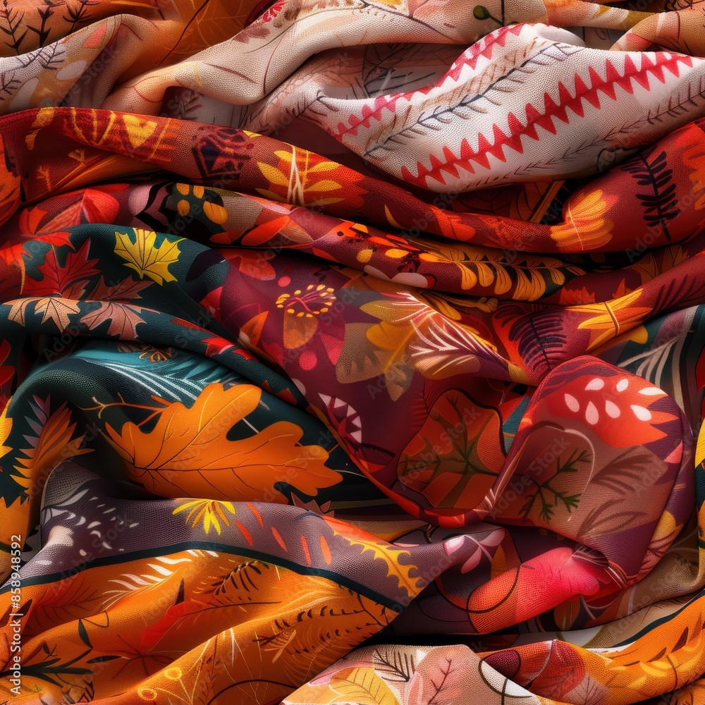 Poster a pile of colorful fabric with leaves and flowers on it. the colors are bright and the design is pla