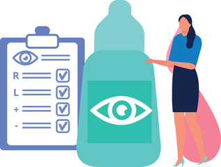 The girl is showing a bottle of medical eye drops.