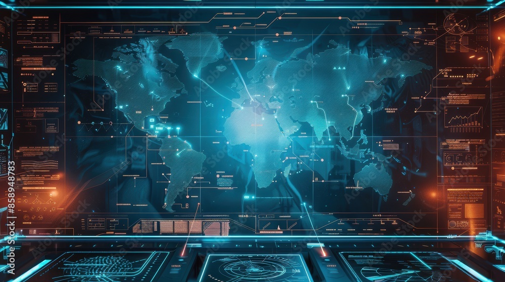 Poster a computer monitor displays a blue and orange world map with many lines and dots. the map is surroun