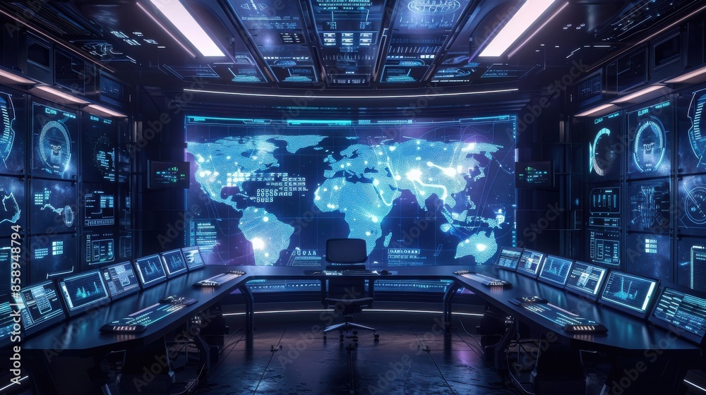 Poster a computer room with a large monitor showing a map of the world. the room is filled with computer mo