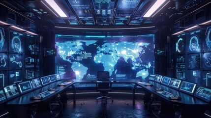 A computer room with a large monitor showing a map of the world. The room is filled with computer monitors and a few chairs. Scene is that of a high-tech, futuristic environment