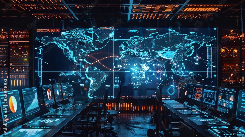 Aufkleber A computer room with a large screen showing a map of the world. The room is filled with computer monitors and keyboards, and there are several chairs around the room. Scene is focused and professional