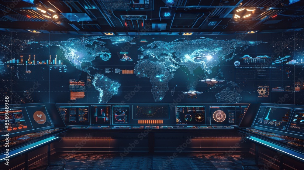 Poster A computer monitor displays a map of the world with a blue background. The map is filled with various icons and numbers, indicating different data points. Scene is one of technology and information