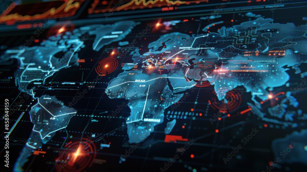 Poster a computer screen shows a map of the world with red dots on it