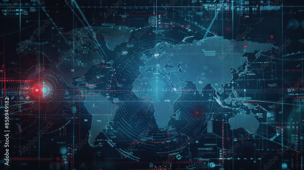 Poster a computer screen shows a map of the world with a red dot in the middle. the map is filled with line