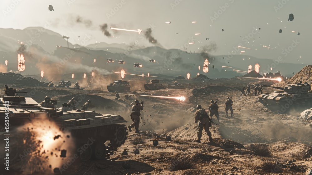 Poster a video game scene of a battle with tanks and soldiers. scene is intense and chaotic