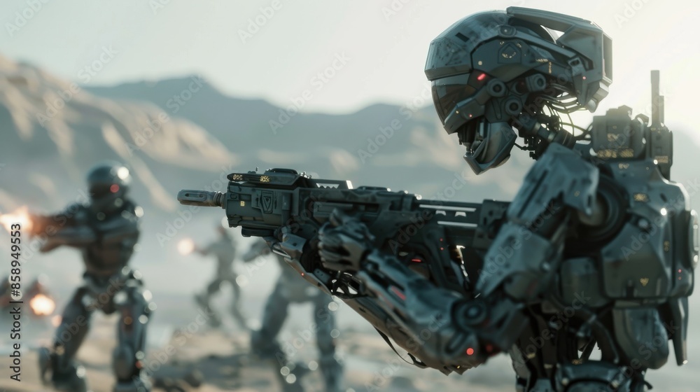 Aufkleber A robot is holding a gun and standing in front of a group of other robots. The scene is set in a desert, with the robots appearing to be in a battle. Scene is tense and action-packed