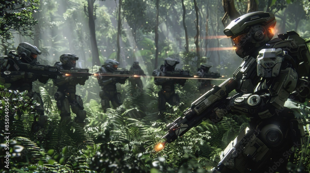 Poster a group of soldiers in a jungle setting, one of whom is holding a gun. scene is tense and action-pac