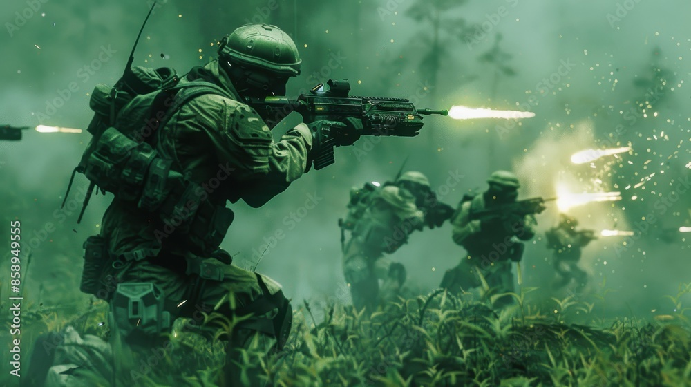 Poster a group of soldiers are in a green field, with one of them holding a rifle and another one with a ba