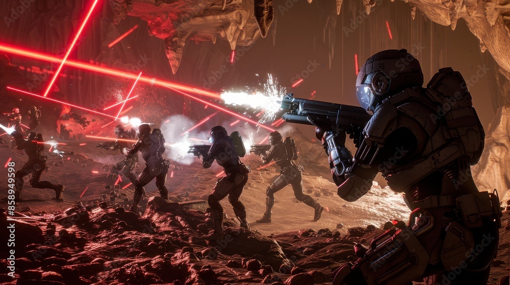 Poster A group of people are playing a video game where they are shooting at each other. The game is set in a dark, cave-like environment with red lasers shooting out from the ground