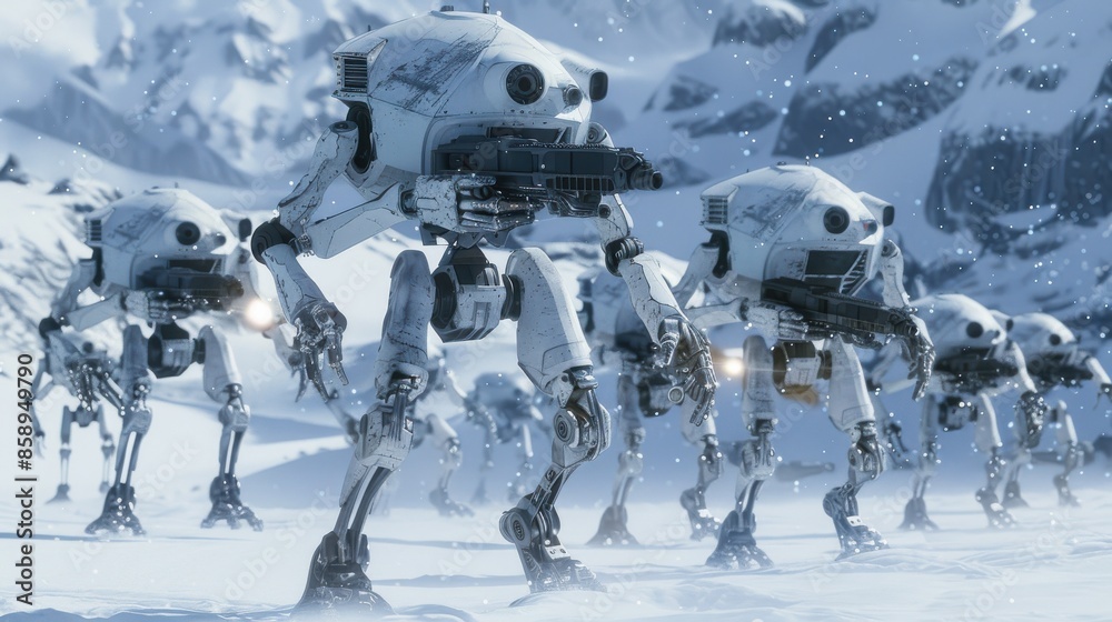 Poster A group of robots are standing in the snow. They are all white and have weapons. Scene is tense and serious