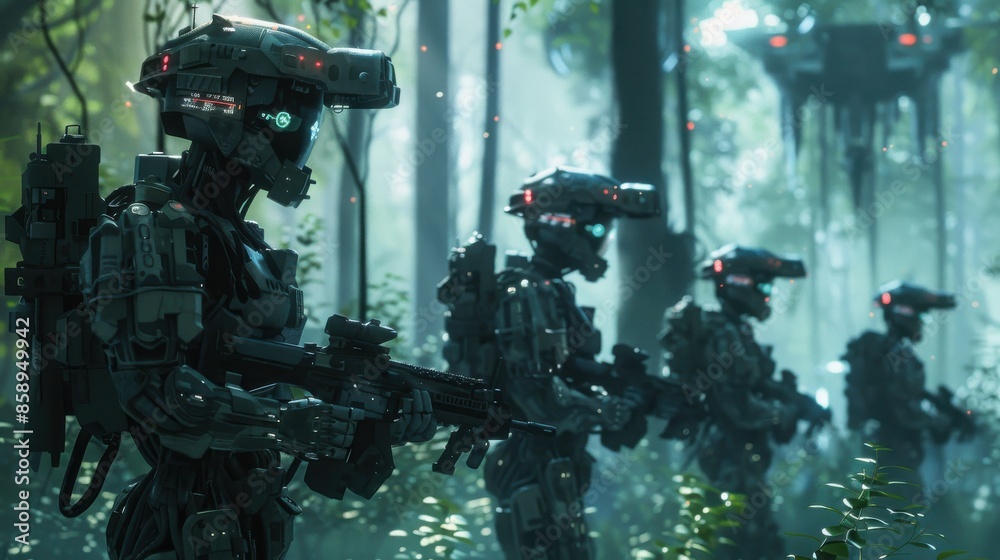 Poster a group of robots are standing in a forest, with one of them holding a gun. the scene is dark and ee