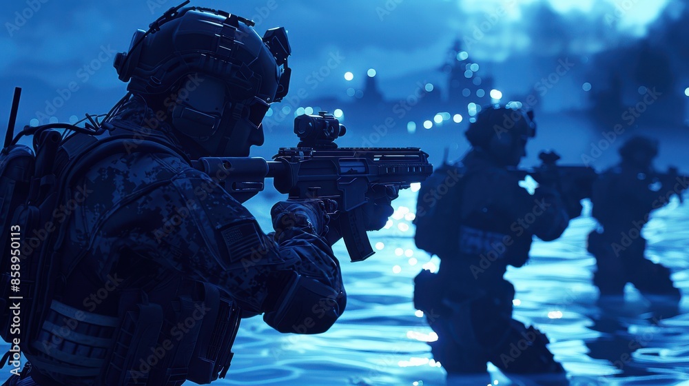 Poster a man in a military uniform is holding a rifle and standing in the water. the scene is set in the da