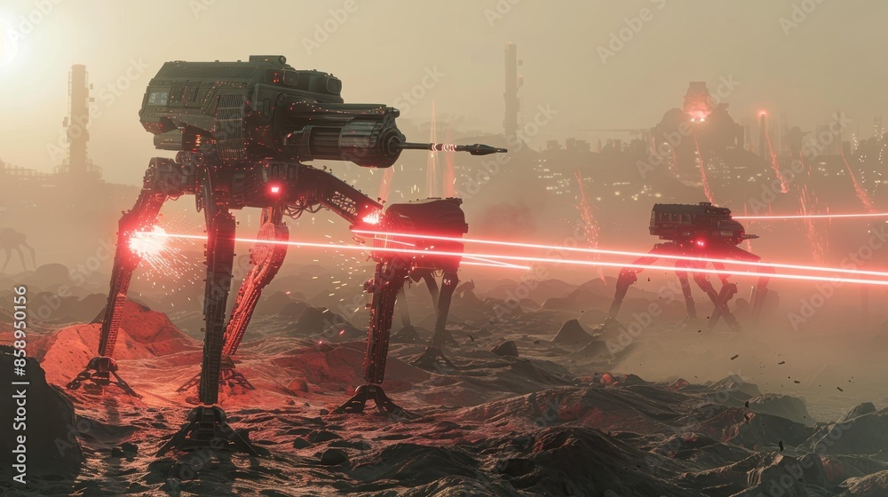 Leinwandbilder a group of robots are in a battle, with one of them having a red laser. the scene is set in a desert